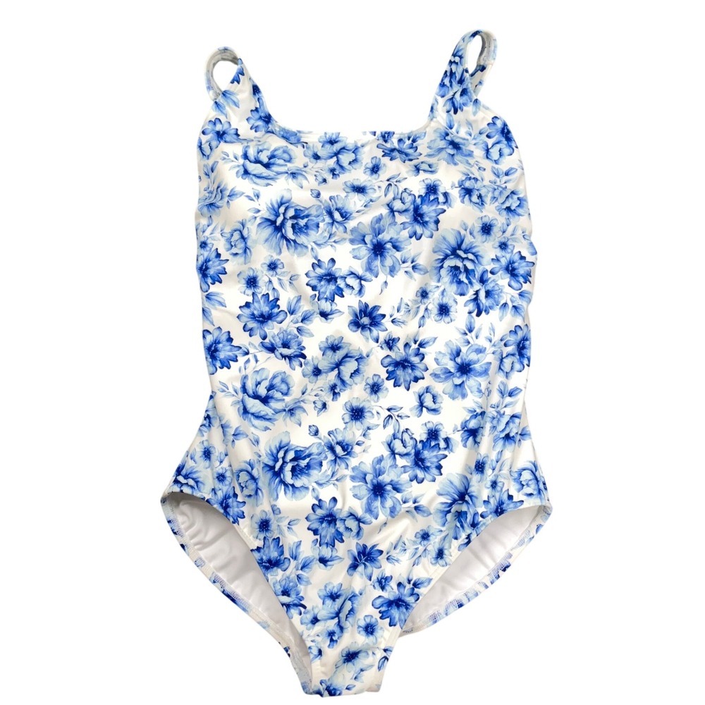 Lands' End 1 Pc Swimsuit‎ Womens 20W Blue White Floral Tank Modest Chinoiserie